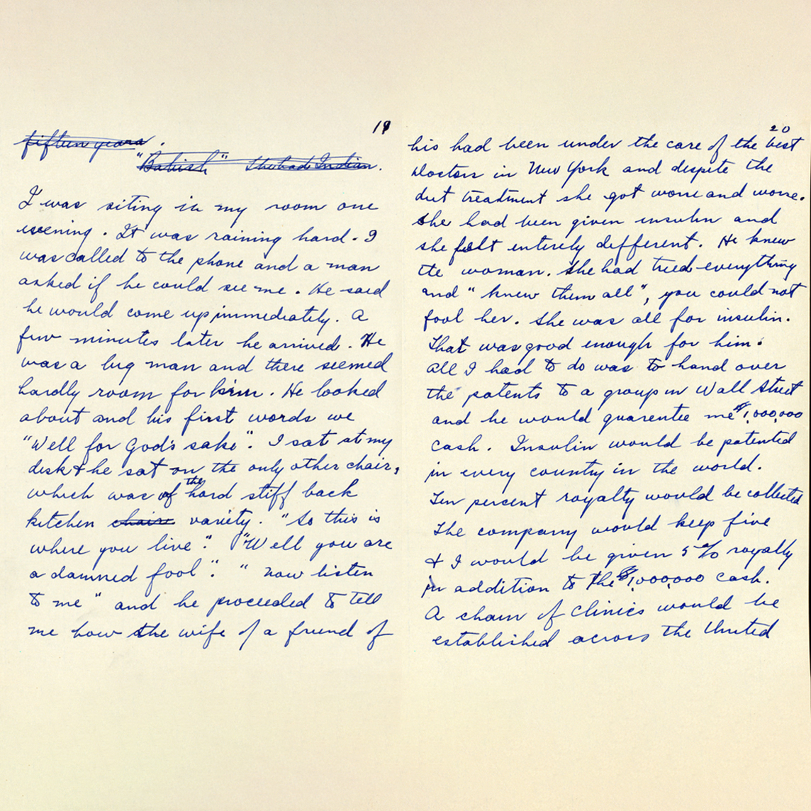 Diary entry from Banting detailing his feelings about selling the insulin to Wall Street.